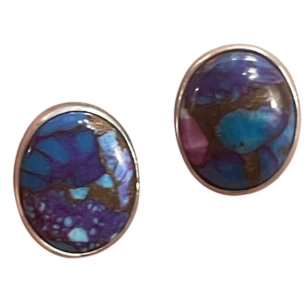 Sterling Silver 925 Purple Turquoise Composite Oval Stud Earrings Southwestern